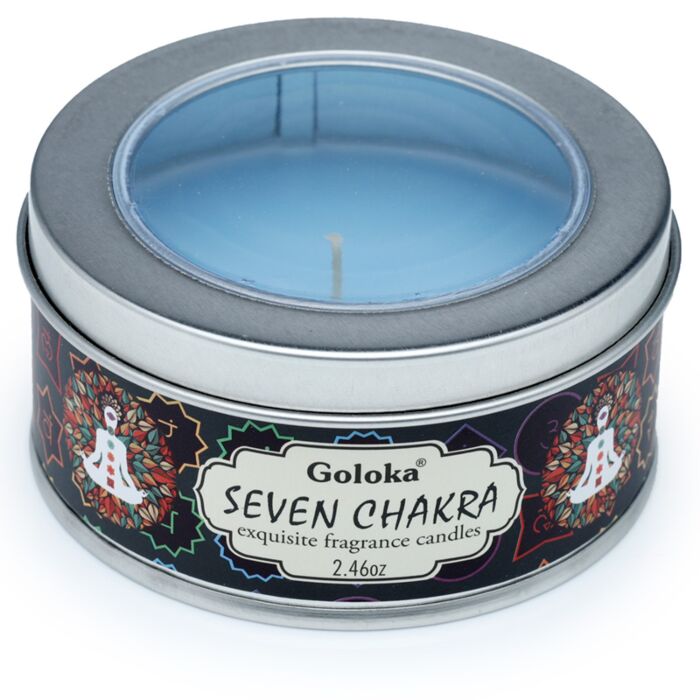 Bougie à la Cire de Soja dans Boîte en Etain Goloka - Sept Chakras