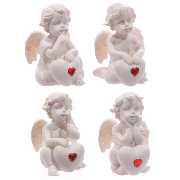 Chérubin Blanc Assis Avec Coeur Rouge