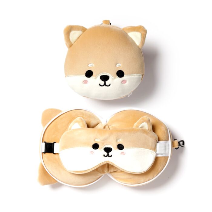 Coussin de Voyage Relaxeazzz Peluché 2-en-1 avec Masque Yeux - Chien Shiba Inu