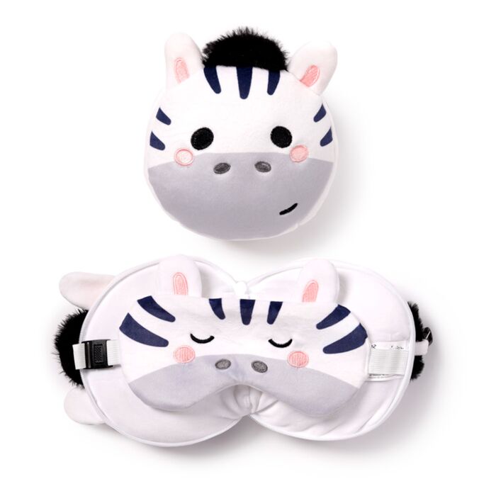 Coussin de Voyage Relaxeazzz Peluché 2-en-1 avec Masque Yeux Adoramals - Bali, le Zèbre