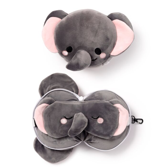 Coussin de Voyage Relaxeazzz Peluché 2-en-1 avec Masque Yeux Adoramals - Janu, le Elephant