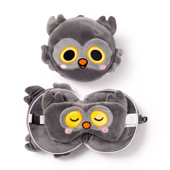 Coussin de Voyage Relaxeazzz Peluché 2-en-1 avec Masque Yeux Adoramals - Winston, le Hiboux
