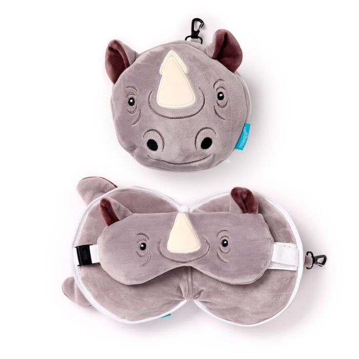 Coussin de Voyage Relaxeazzz Peluché 2-en-1 avec Masque Yeux - Rhinocéroce
