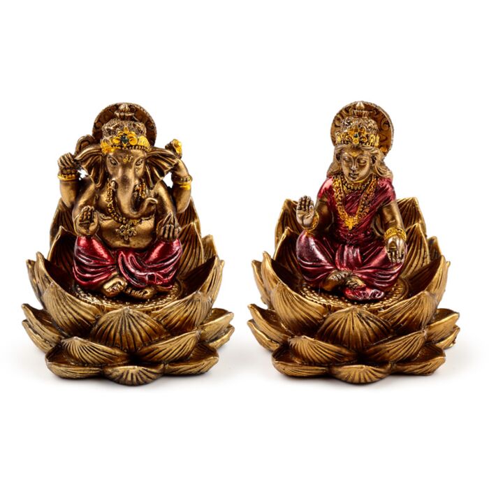 Lot de 2 Ganesh & Lakshmi dorés sur lotus