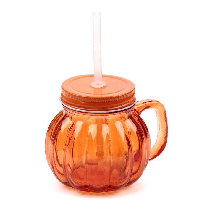 Bocal en verre Citrouille avec paille et couvercle métallique