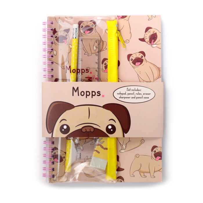 Ensemble Papeterie 6 pièces Bloc-note à Reliure Spirale & Trousse Mopps - Chien Carlin