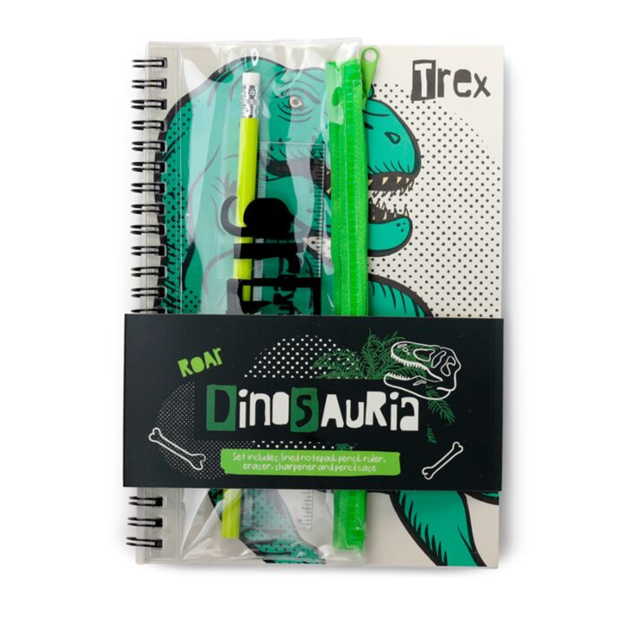 Ensemble Papeterie 6 pièces Bloc-notes à Reliure Spirale & Trousse - Dinosauria Dinosaure
