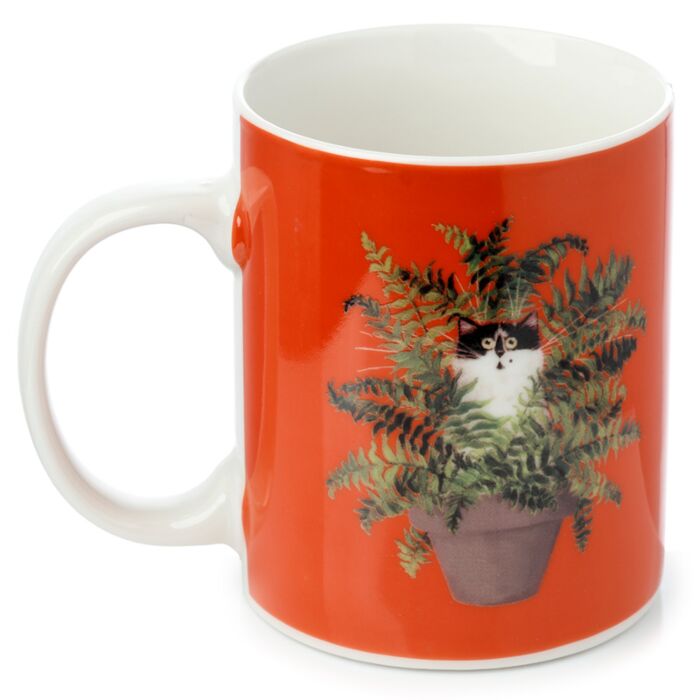 Mug en Porcelaine Kim Haskins - Chat dans Pot à Plante Rouge