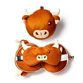 Coussin de Voyage Relaxeazzz Peluché 2-en-1 avec Masque Yeux Highland Coo Cow - Vache Animal de la Ferme