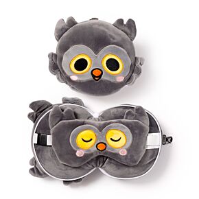 Coussin de Voyage Relaxeazzz Peluché 2-en-1 avec Masque Yeux Adoramals - Winston, le Hiboux