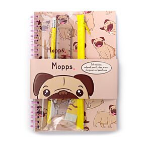 Ensemble Papeterie 6 pièces Bloc-note à Reliure Spirale & Trousse Mopps - Chien Carlin