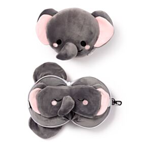 Coussin de Voyage Relaxeazzz Peluché 2-en-1 avec Masque Yeux Adoramals - Janu, le Elephant