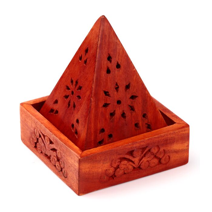 Brûleur d'Encens pyramidal en Bois de manguier avec motif fleur