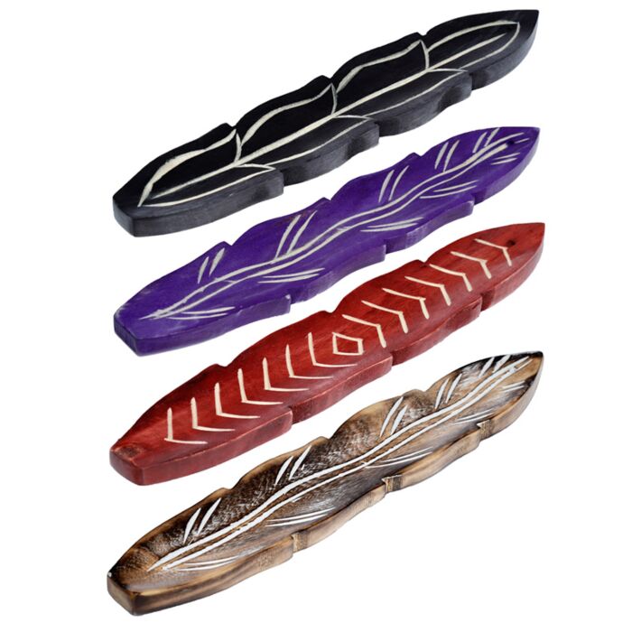 Porte-encens Attrape-cendres Bois de Manguier pour Bâtons d'Encens - Plume Sculptée