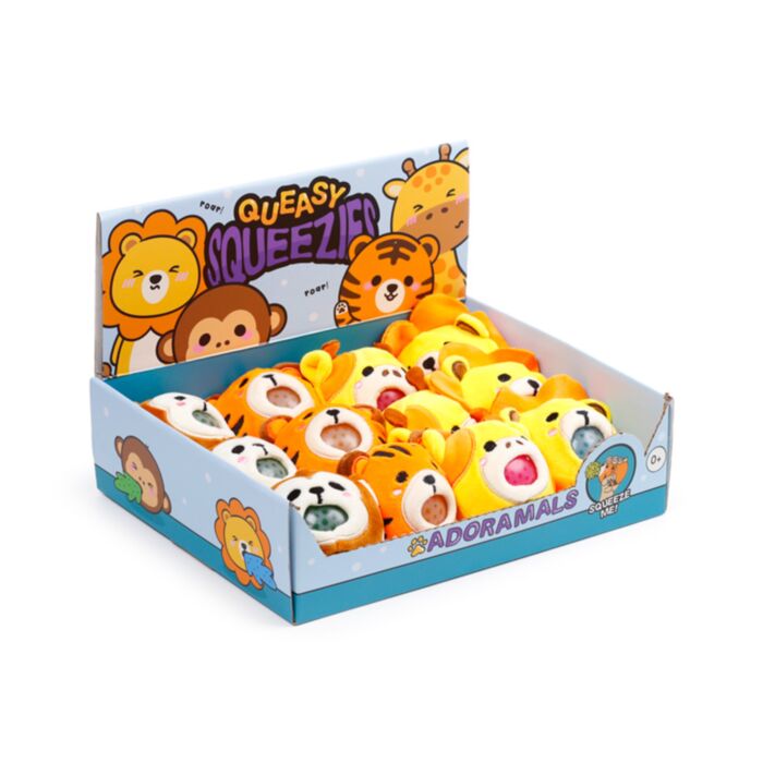 Jouet Peluché à Presser Queasy Squeezies Adoramals – Animaux Sauvages Lion, Girafe, Singe, Tigre