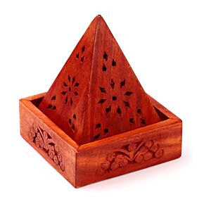 Brûleur d'Encens pyramidal en Bois de manguier avec motif fleur Brûleur d'Encens pyramidal en Bois de manguier avec motif fleur